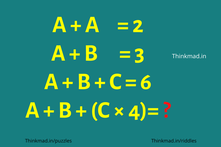 If A+A=2, A+B=3, A+B+C=6 then what is the value of A+B+C4 answer