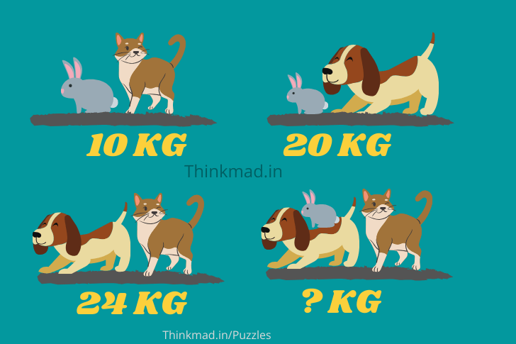 Cat and Rabbit weight is 10 kg, Dog and rabbit weight is 20 kg, Cat & dog  weight is 24 kg. Cat rabbit dog weight puzzle with answer 