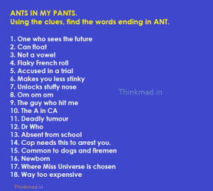 Word Riddle Games: Find Words Ending With “ANT”